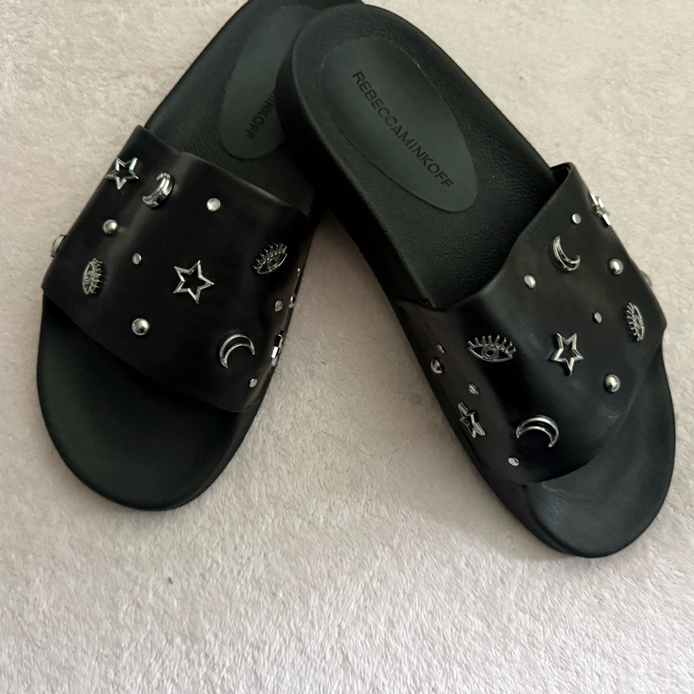 Rebecca Minkoff Black and Silver Sandals with Wide Strap